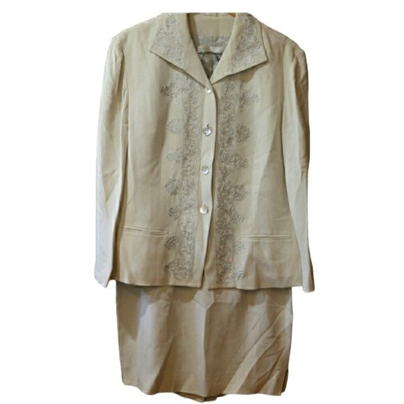 Dana Buchman 100% Silk Cream Ribbon Embroidered Skirt Suit 12/14 - Picture 1 of 16